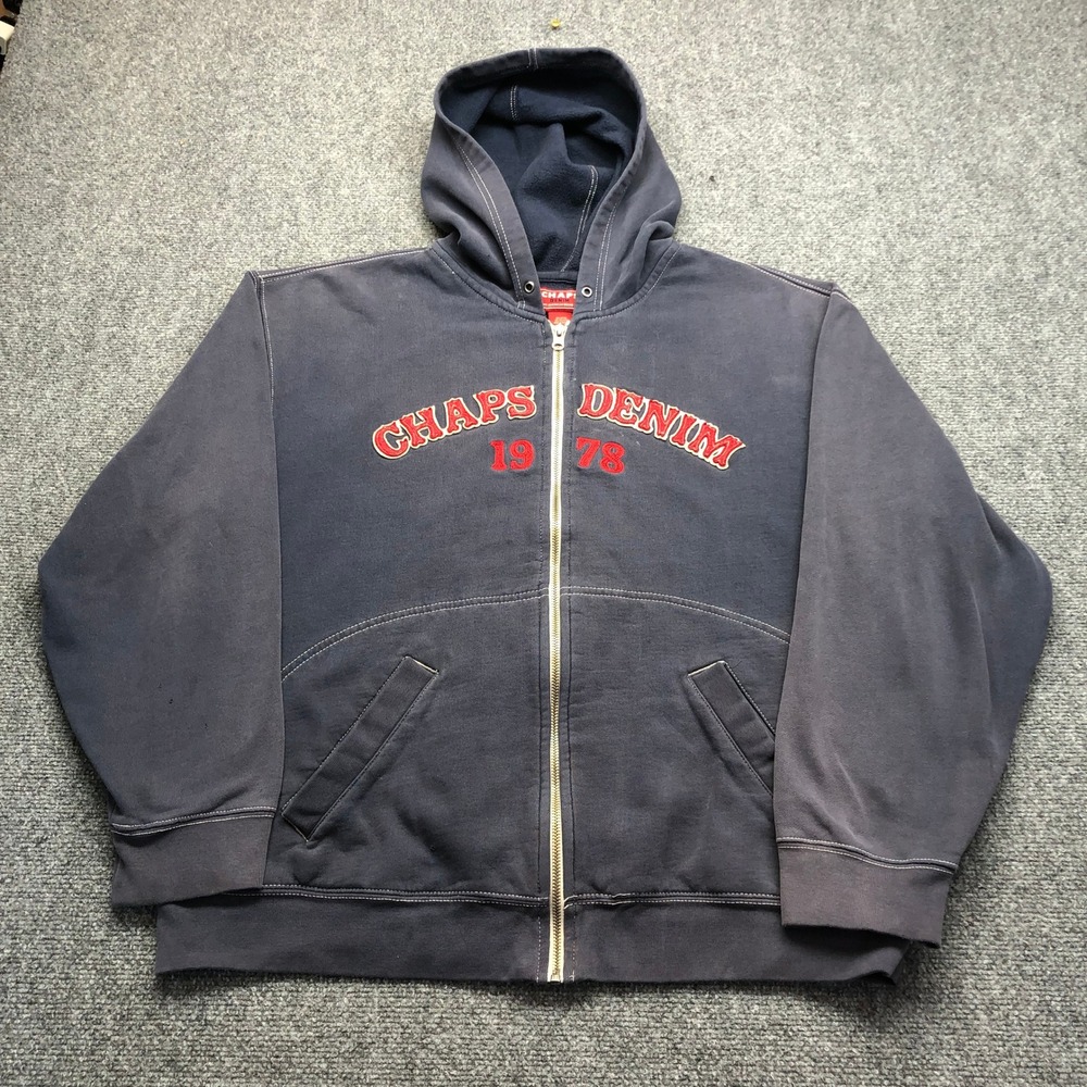 Chaps Denim Mens XL Full Zip Hoodie Navy Blue 1978 Graphic Sweatshirt Vintage